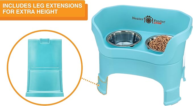 Neater Feeder Deluxe Mess-Proof Elevated Dog Bowls for Large Dogs (40+ lbs), 2 Height Adjustable (14.5” & 17.5”) No-Spill Raised Dog Bowl Stand, Stainless Steel Food Bowl Set, Made in USA, Aquamarine