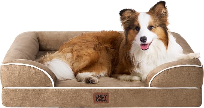 EHEYCIGA Orthopedic Dog Beds Large Sized Dog, Waterproof Washable Pet Bed | Non-Slip Bottom and Egg-Crate Memory Foam XL Dog Couch Bed with Washable Removable Cover, Camel, 41Inch