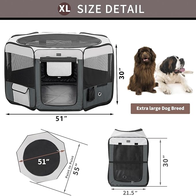 Dog Playpen Portable Pet Play Pens for Small Dog/Cat/Rabbit/Chicks, Cat Playpen Indoor/Outdoor with Carring Case, Removable Zipper Top and Bottom (Gray, Extra Large (55"x55"x30"), 8)
