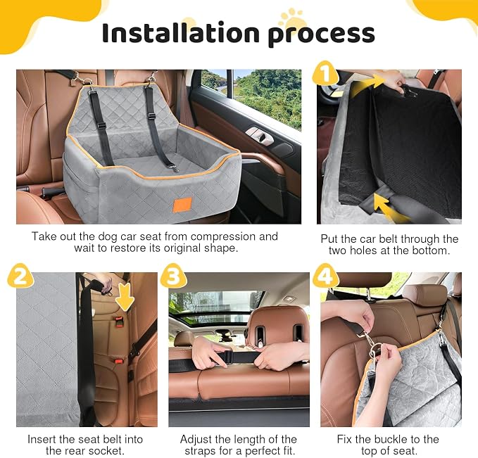 XIEEAOZEE Dog Car Seat for Large/Medium Dog, Booster Seat for Dogs Under 55Lbs or 2 Small Puppy, Detachable and Washable Travel Pet Bed with Thick Cushion and Storage Pockets (Gray)