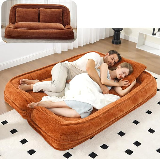 Foldable Lazy Sofa Bed, Double Human Dog Bed for Adults, Orange | Skin-friendly Breathable Soft Chenille Upholstered, 5 Adjustable Backrest Positions, 3 Soft Cushions for Living Room