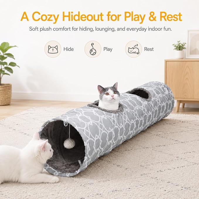 Geometric Straight Cat Tunnel with Plush Inside,Cats Toys Collapsible Tunnel Tube with Balls, for Rabbits, Kittens, Ferrets,Puppy, Diameter 9.8 Inch