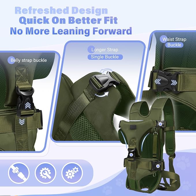 YUDODO Front Pet Carrier Backpack for Small Dog, Legs Out Dog Chest Carrier | Safety Belt, Ergonomic Support, Hands Free, Durable & Comfortable, For Walking Hiking Cycling, Army Green, S