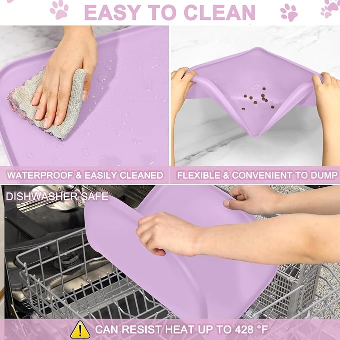 SMILOOL Waterproof Silicone Pet Food Mat with Raised Edge for Dog & Cat | 19" x 12" Non-Slip Pet Feeding Mats with Lip for Food & Water Bowl, Food Grade, Easy Cleaning, Lavender