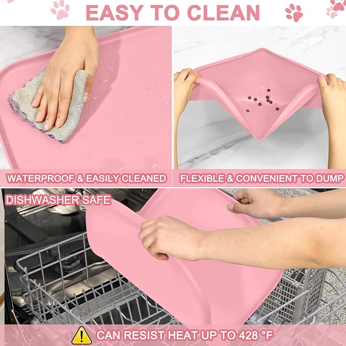 SMILOOL Waterproof Silicone Pet Food Mat with Raised Edge for Dog & Cat | 24" x 16" Non-Slip Pet Feeding Mats with Lip for Food & Water Bowl, Food Grade, Easy Cleaning, Sakura Pink