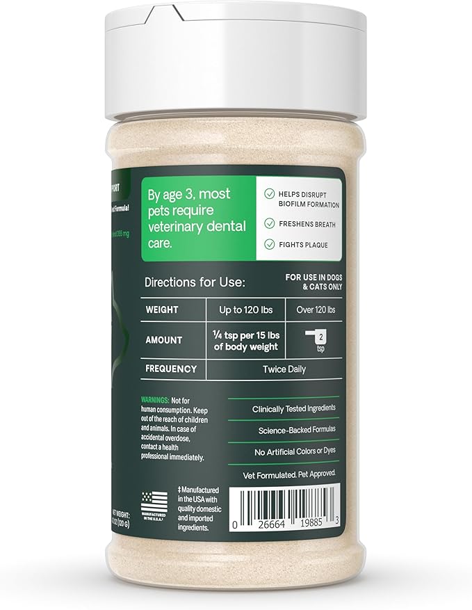 VetriScience Dental Care Powder for Dogs & Cats – Helps Reduce Plaque & Tartar Buildup, Clean Teeth & Fresher Breath, Clinically Tested, Vet-Formulated Oral Supplement, 4.2 oz