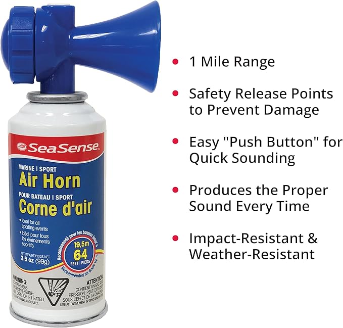 SeaSense Air Horn – Large Size (3.5 oz), 118 dB – Loud 1 Mile Range, Meets EPA & USCG Standards – Great for Boat & Marine Safety, Ideal for Sporting Events Such as Football & Soccer
