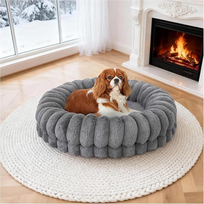 BALANCE Luxury Donut Dog Bed, 24 Inches Round Dog Beds for Small Dogs Washable, Orthopedic Calming Pet Bed for Puppy and Cats with Anti-Slip Bottom (Gray)