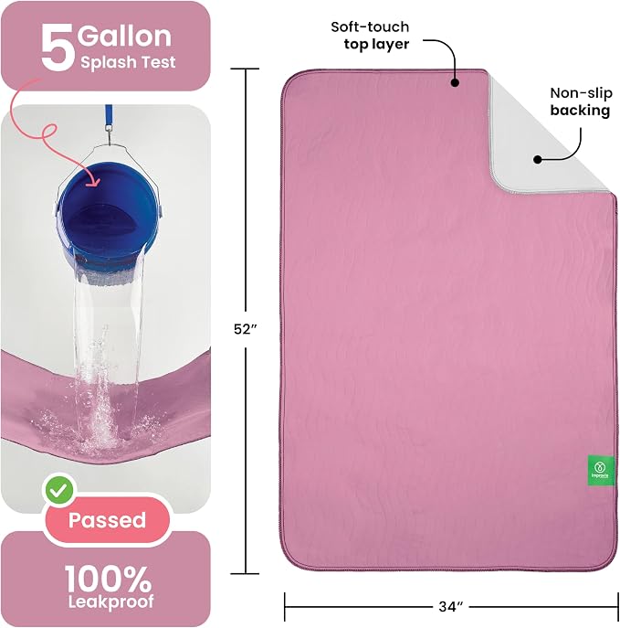 IMPROVIA® Washable Underpads, Heavy Absorbency Reusable Incontinence Pads for Kids, Adults, Elderly, and Pets, Waterproof Protection Floor (Pink, 34"x52" (Pack of 4))