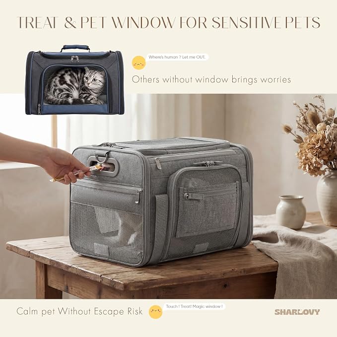 Top-Side Expandable Pet Carrier, Treat Window,18x11x11 Airline Approved | for Delta American United,Soft-Sided Cat Carrier, Anti-Scratch Mesh,Lockable Zippers,Dog Carrier for Kitten,Rabbit,Puppy,Grey
