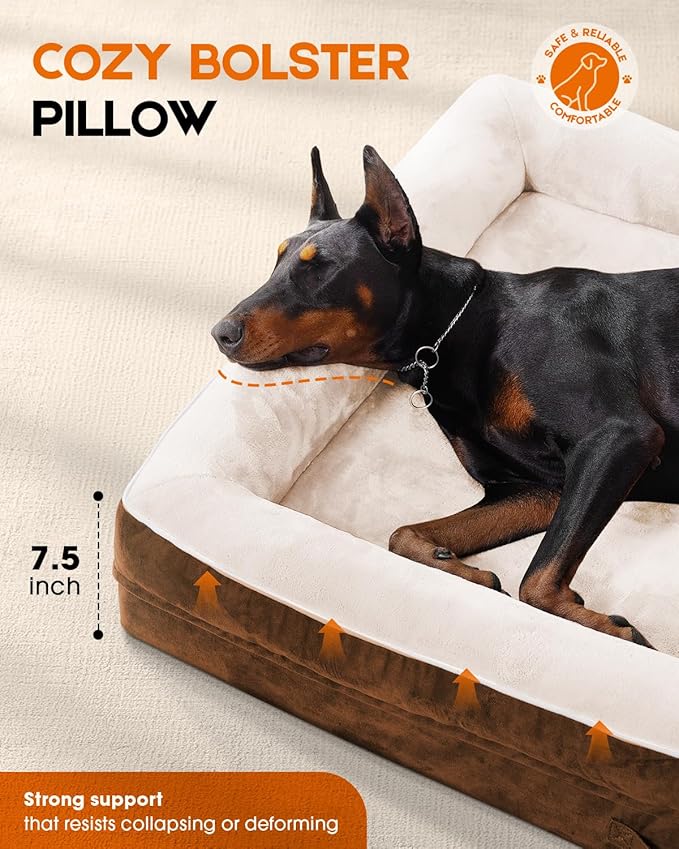 Upvilla Orthopedic Dog Bed XXL, Four-Sided Dog Sofa, Washable Cover, Brown | Removable Waterproof Dog Bed Cover, Egg-Crate Orthopedic Foam, Built-In Carry Handle, Indoor Large Pet Beds, Cat Beds