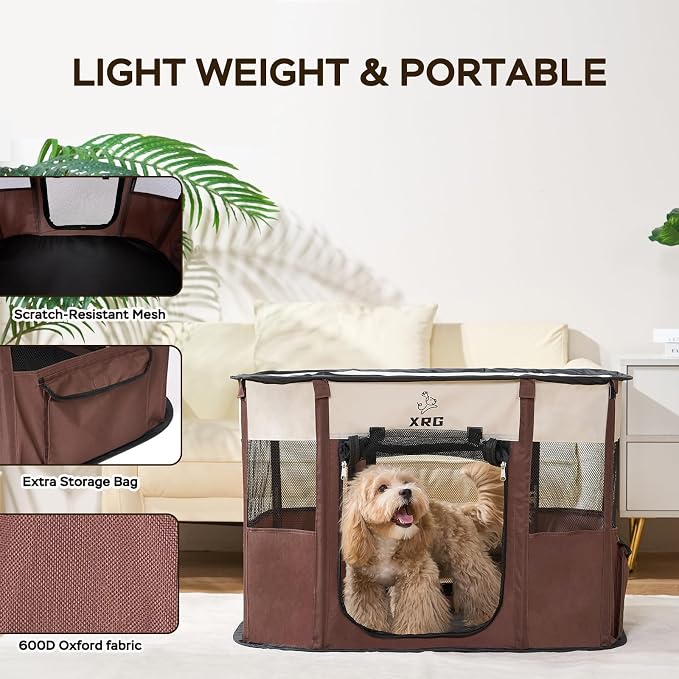 XRG Foldable Pet Playpen,Indoor Cat cage Puppy Crates M(31.5"x23.6"x21.7") | Portable Dog Crates with Upgrade Breathable Mesh，Sturdy Cat Kennel Indoor & Outdoor for Rabbit or Small Animals,Brown