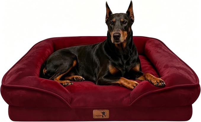 Spotted Play Orthopedic Dog Bed with Sides - Sofa Beds for Extra Large Dogs, Supportive Foam Pet Couch Bed with Washable Removable Cover, Waterproof Lining and Non-Slip Bottom, Burgundy - XL-Plus