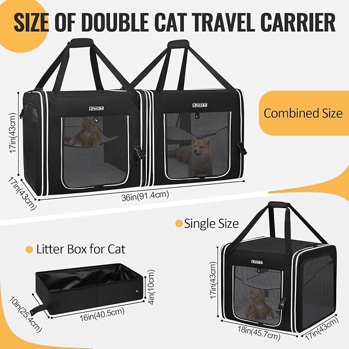 Portable Double Cat Carrier with Litter Box for Multiple Cats | 36"Lx17"Wx17"H, 2in1 Car Travel Carriers, Dual Large Cat Carrier, Lockable Safety Zippers, for Long Distance Travel