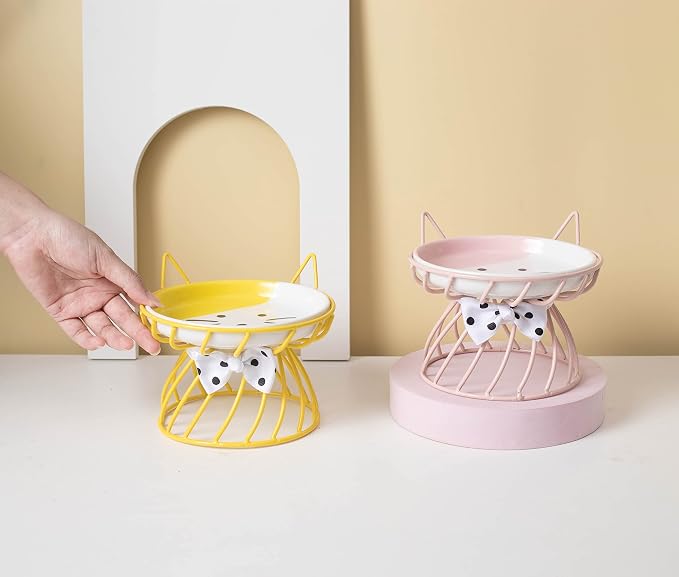 Elevated Ceramic Cat Bowl, Detachable Design, Yellow | Detachable Bowl Elevated Design Whisker Friendly Non-Slip Pads Premium Ceramic
