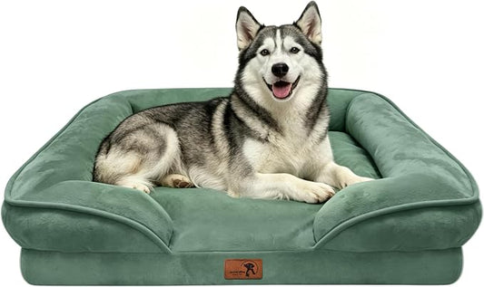 Spotted Play Orthopedic Dog Bed with Sides - Sofa Beds for Large Dogs, Supportive Foam Pet Couch Bed with Washable Removable Cover, Waterproof Lining and Non-Slip Bottom, Green - L-Plus