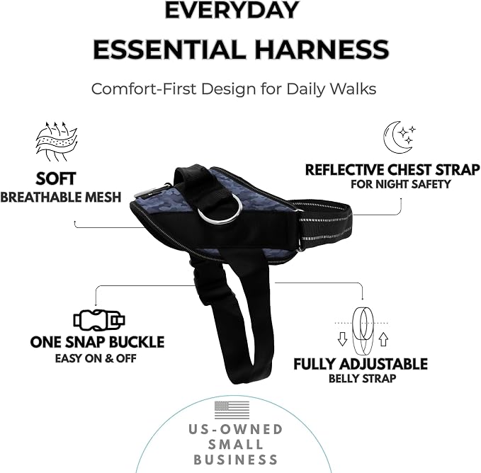 ShawnCo Essential Dog Harness, No-Pull Pet Vest (Dark Camo,XS) | 3 Leash Clips, Easy On, No-Choke, Reflective, Adjustable Fit, Padded Comfort, Control Handle, For Small, Medium & Large Dogs