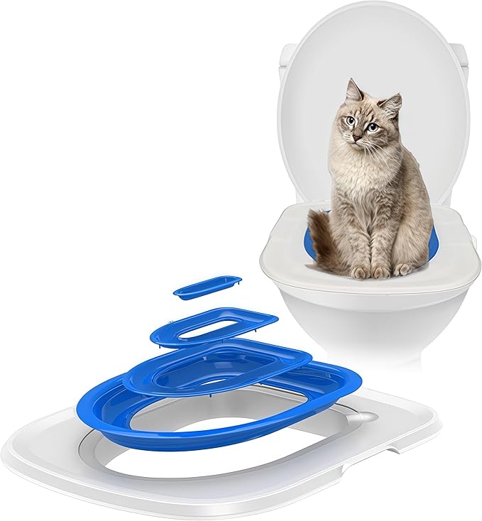 Cat Toilet Training Kit – Litter Box Alternative with Tray, Reusable Potty Seat Adapter for Cats & Kittens, Hygienic Flushable Urinal, Includes Step by Step Trainer Seat(Blue)