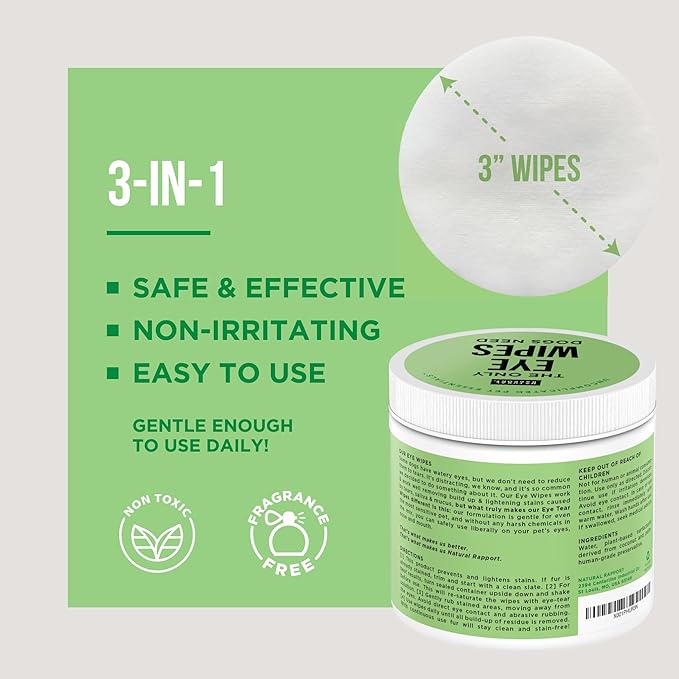 Natural Rapport Dog Eye Stain Wipes - The Only Eye Tear Stain Remover Dogs Need - Dog and Cat Tears Stain Removing Treatment (100 Wipes)