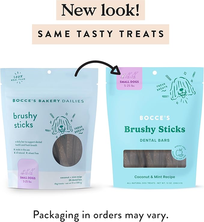 Bocce's Bakery Dailies Brushy Sticks to Support Oral Health & Fresh Breath, Wheat-Free Dental Bars for Dogs, Made with Real Ingredients, Baked in the USA, Natural Coconut & Mint Recipe, Small Dogs