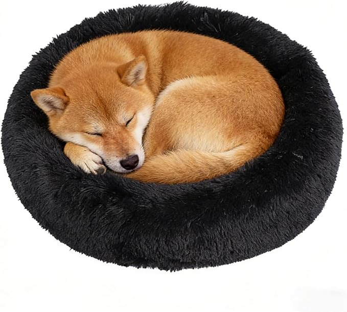 Calming Donut Dog Bed Medium Size Dog - Washable Removable Cover Non-Slip Bottom, Round Pet Bed Cat Bed Warming Fluffy Plush Faux Fur Anti-Anxiety, Fits up to 45 lbs (Black, 30")