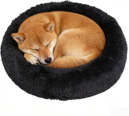 Calming Donut Dog Bed Medium Size Dog - Washable Removable Cover Non-Slip Bottom, Round Pet Bed Cat Bed Warming Fluffy Plush Faux Fur Anti-Anxiety, Fits up to 45 lbs (Black, 30")