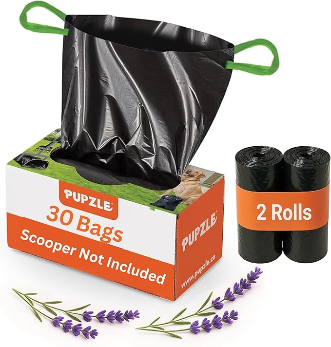 Pupzle Dog Pooper Scooper with Bag Attachment, 40" Long Handle Pooper Scooper for Large Dogs, Dog Poop Scoop for Yard, Large Capacity Swivel Bin and Rake, Lavender Scented Bags (Black)