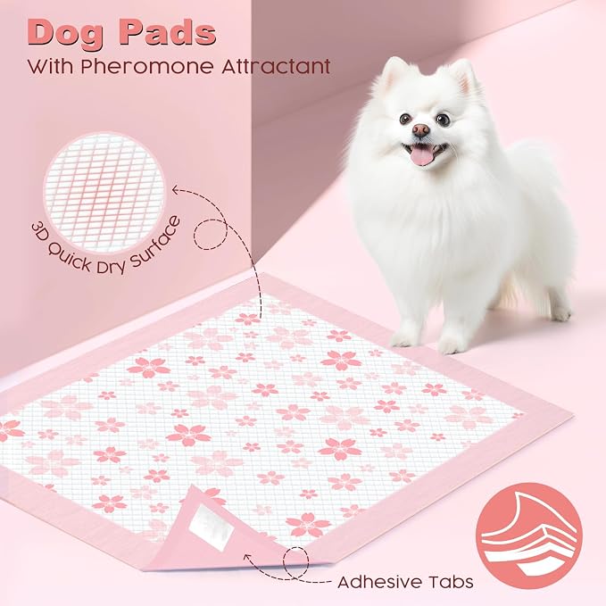 MIZOK Pink Puppy Pads with Adhesive Tabs Wee Wee Pads for Dogs 22x22in 30Ct | Cute Cherry Blossom Designs Feature Pheromone Attractant for Fast Training Small Dog Potty Pads Ideal for Female Puppy Needs