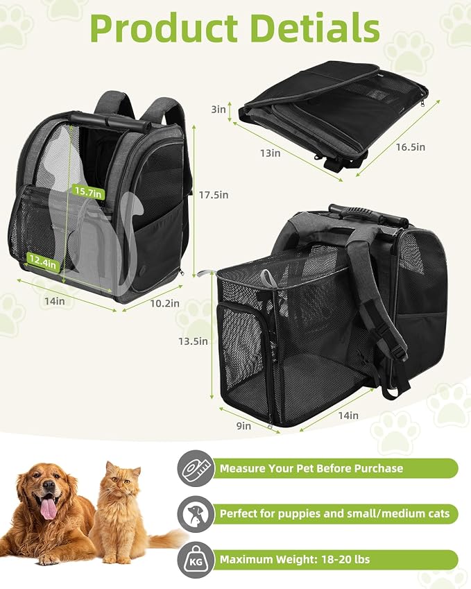 Expandable Cat Carrier Backpacks with Breathable Mesh, Pet Carrier Backpack for Cats Small Dogs Puppies Up to 20 Lbs, Dog Carrier Backpack Great for Travel/Hiking/Camping/Outdoor-Dark Grey