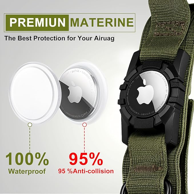Tactical AirTag Dog Collar - Heavy Duty, Adjustable GPS Collar Compatible with Apple AirTag, with Holder & Control Handle for Medium/Large Dogs [ Green, L ]
