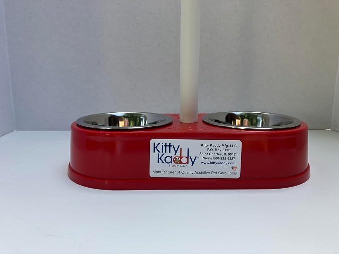 Double Diner for Cats & Dogs, 27-Inch Tall Pet Feeding Station with Long Detachable Handle, Removable Stainless Steel Bowls, Easy Grip, Sturdy & Durable, Ideal for Small to Medium Pets, Bright Red