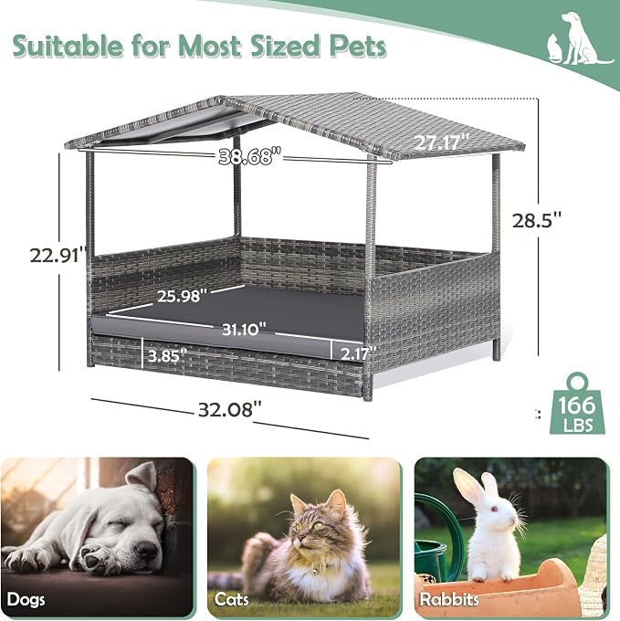 Outdoor Wicker Dog Bed with Canopy, Indoor HDPE Rattan Dog House, Raised Dog Cot Pet House, Elevated Pets Sofa w/Washable Cover, Waterproof Roof Shelter, Removable Cushion Lounge