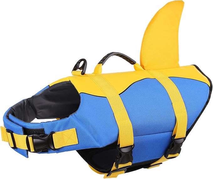 Dog Life Jacket, Adjustable Dog Life Vest, Pet Lifesaver for Swimming, Shark Life Jacket with Rescue Handle, Rip-Stop Safety Vest for Small Medium Large Dogs