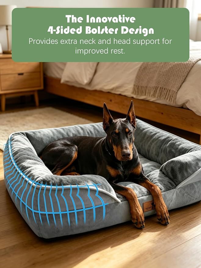 Spotted Play Orthopedic Dog Bed with Sides - Dog Sofa Beds for Extra Large Dogs, Supportive Foam Pet Couch Bed with Washable Removable Cover, Waterproof Lining and Non-Slip Bottom, Grey - XL-Plus