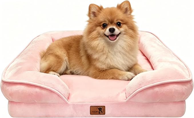 Spotted Play Orthopedic Dog Bed with Sides - Sofa Beds for Small Dogs, Supportive Foam Pet Couch Bed with Washable Removable Cover, Waterproof Lining and Non-Slip Bottom, Pink - S