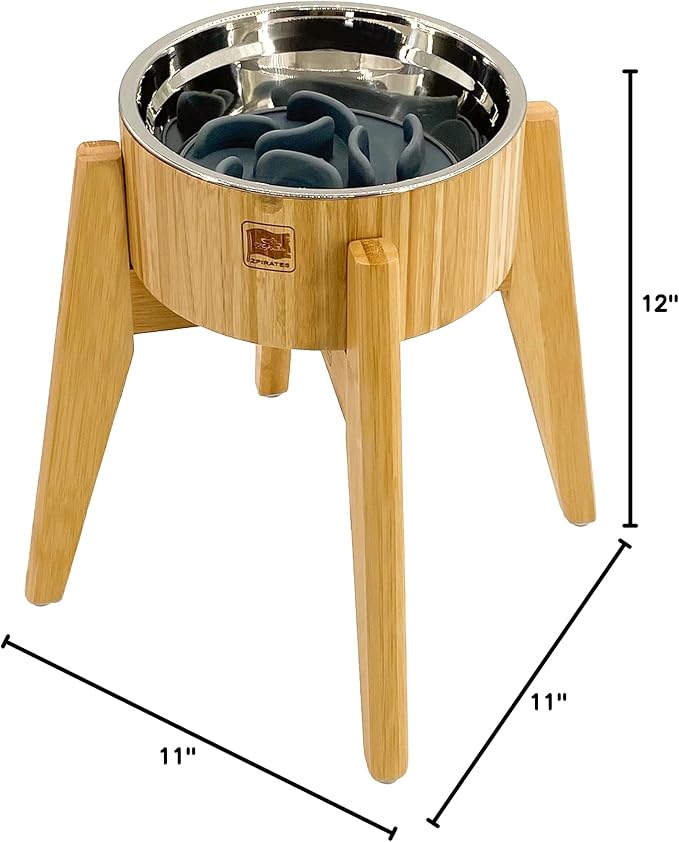 Slow Feeder Dog Bowl for Large Dogs - Elevated Food Stand, Collapsible | Raised Dog Bowl with Anti-Choking Insert, 12-Inch High, Anti-Wobble Lock, Resist Tipping - Stainless Steel, Bamboo