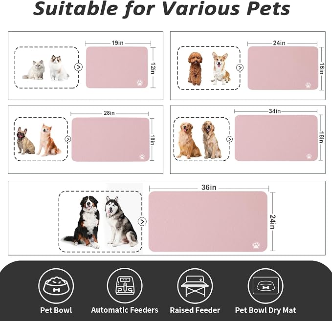 HotLive Dog Food Mat - Absorbent Cat Mat for Food and Water, No Stains Pet Feeding Bowl Mat, Easy to Clean Pet Placemats, Quick Dry Dog Water Dispenser Mat for Messy Drinkers | Paw Pink 18"x34"