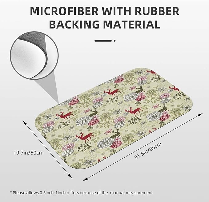 Diatomaceous Floor Mat, Winter Washable Floor Mat, Deer with Blossoming Flowers Abstract Christmas, 31.4" W x 19.6" L, Eco-Friendly Easy to Clean,Pale Green Olive Green Ruby