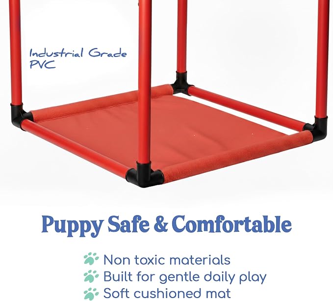 Race&Herd 19.5" Puppy Play Gym — Small Dog Jungle Activity Mat (Cherry) | Dog Play Mat with 8 Bungee Straps, Interactive Puppy Active Toys — Indoor Enrichment Playground Set