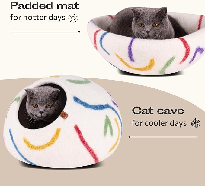 Cat Cave – Premium Felt Cat Bed Enclosure for Indoor Cats, Handmade Merino Wool (Ivory Rainbow, Medium)