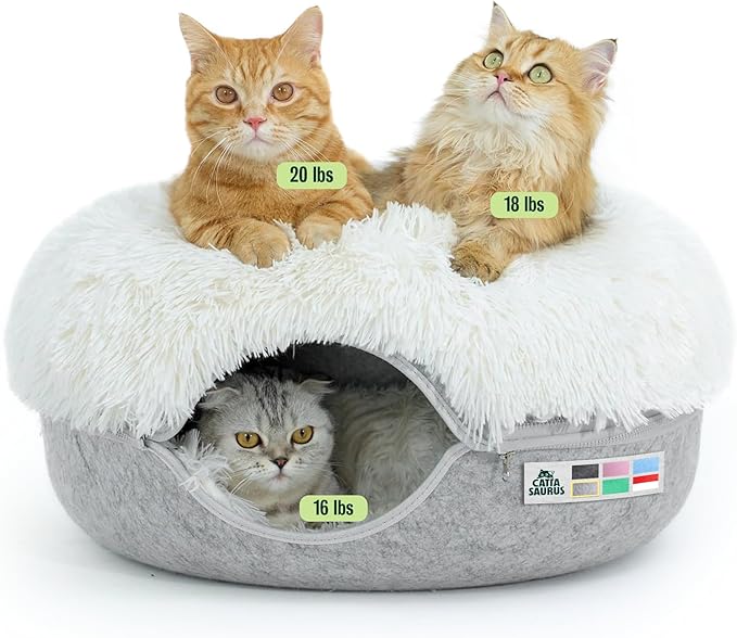 Peekaboo Cat Cave for Multiple & Large Cats Up to 30-45 Lbs, Fluffy Cat Beds for Indoor Cats, Scratch Detachable & Washable Tunnel Bed, Comfy Donut Cave (Light Gray, Large (Calming))