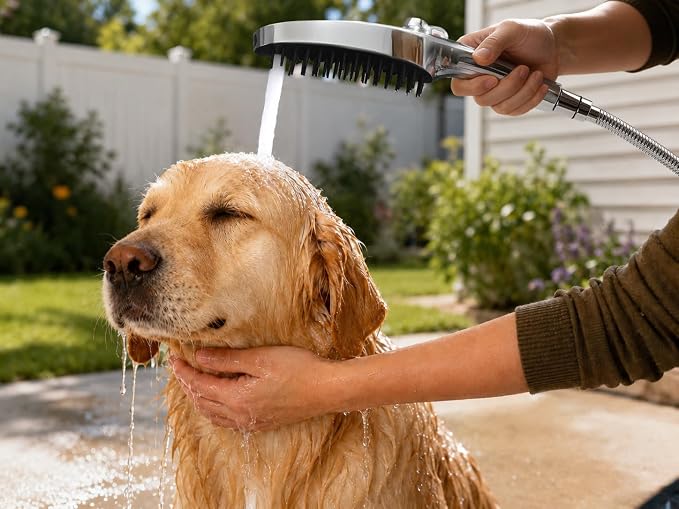 G-Promise 3 Mode Dog Wash Shower Attachment with Pause Mode for Outdoor Use | High Pressure, with Pause Mode, Built-In Brush for Wash & Groom, Extra Long Hose, Easy Install