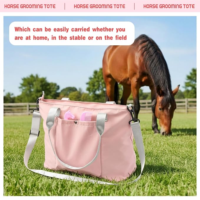 Abbylike 15 Pieces Horse Grooming Kit with Organizer Tote Bag Tack Room Supplies Horse Brush Sets Care Equine Cleaning Kit Shedding Grooming Massaging Tools(Pink and Grey)