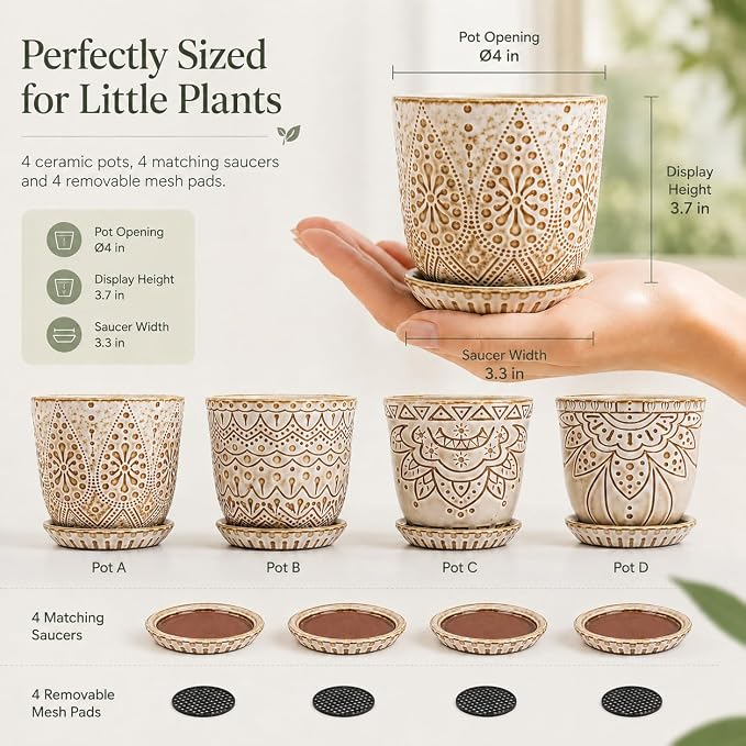 Gepege Succulent Pots, 4 Inch Small Indoor Ceramic Planter Pot with Drainage Holes and Saucers for Plants- Creamy White - Set of 4