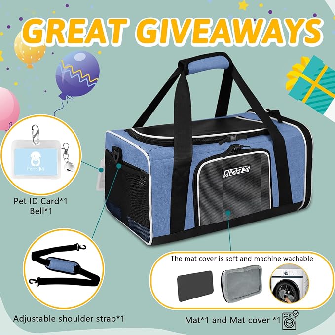Small Pet Carrier 17" L x 11" W x 9.5" H Airline Approved, Blue | for Alaska Airlines, Lockable Safety Zippers and Anti-Scratch Mesh, Pets Under 10 lbs