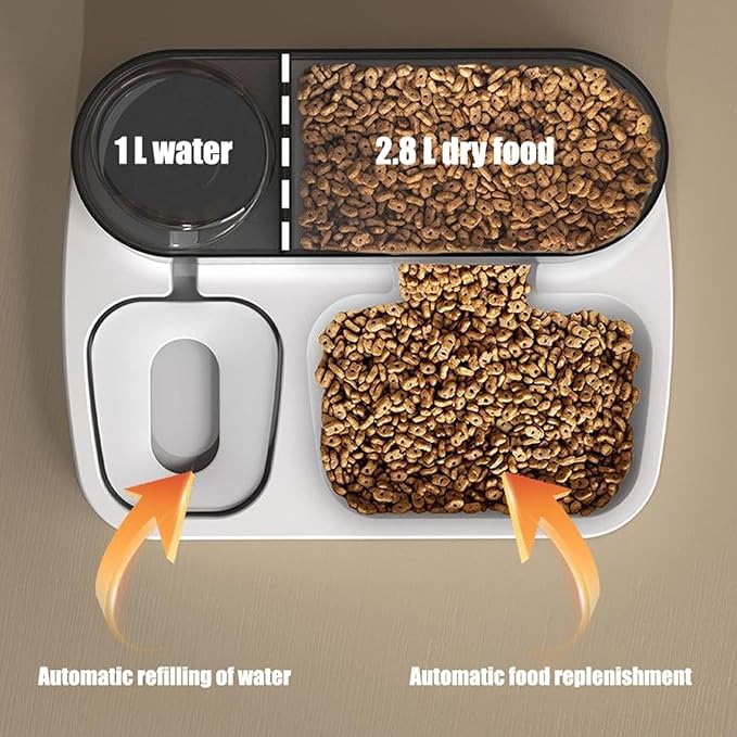 Automatic Cat Feeder and Water Gravity Dispenser 2 in 1 Pet Self Dry Food Bowl Watering Supplies for Indoor Small Dogs Puppy Kitten (Black)