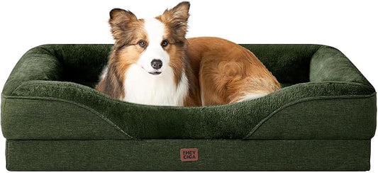 EHEYCIGA Orthopedic Dog Bed for Large Sized Dog, 41x27 Inch Large Memory Foam Dog Couch Bed with Sides, Waterproof Liner & Washable Removable Cover, Bolster Pet Sofa, Dark Green