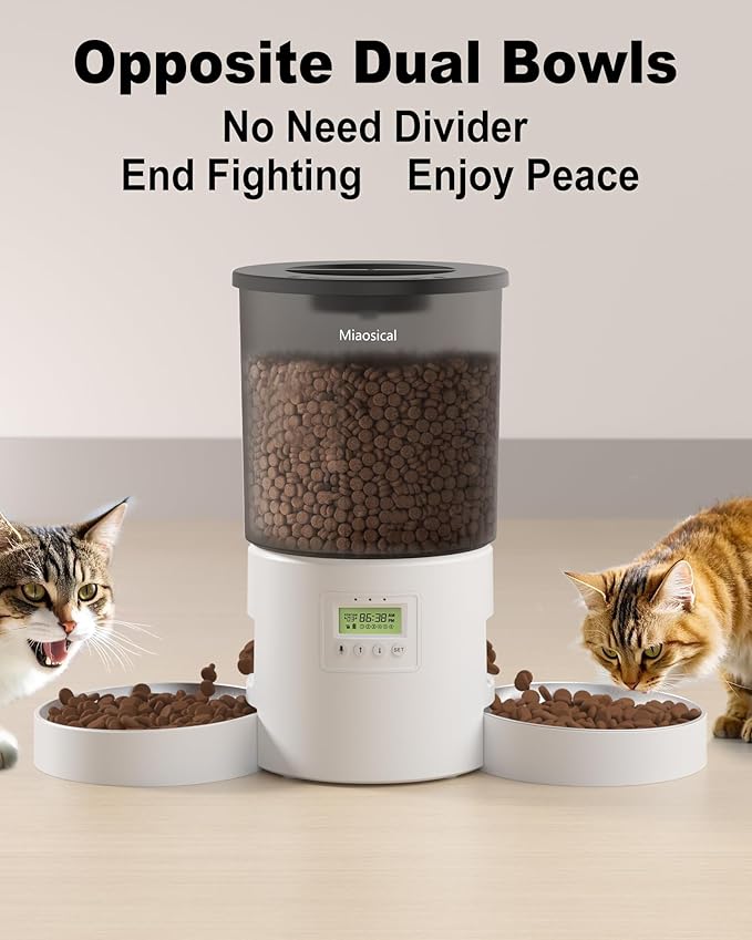 Automatic Cat Feeder 2 Cats, 4.2L Dry Food Auto Dispenser with Double Bowls,Dual Power Supply,Programmable Portion Control,10s Voice Recorder(Black,Stainless Steel Bowls) (Transparent+White)
