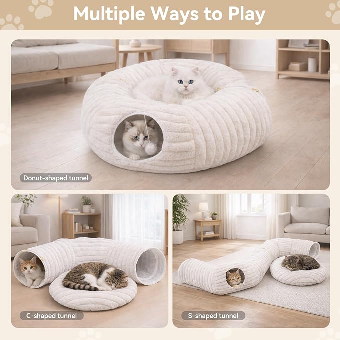 Dogpals Cat Tunnel Bed Cave 33" Lx10 Wx10 H for Indoor Cats (White) | Washable Cozy Cushion, Soft Striped Plush Fabric, Hideaway Peekaboo Cave for Kittens, Puppies, Rabbits & Small Pets
