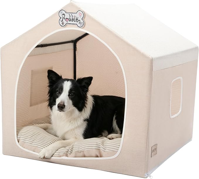 ndoor Dog House with Frame, Cute Dog Tent Bed with Cover Cave | Breathable, Washable, and Foldable House, Suitable for 36-66 Lb, Large (29"×29"×29"), Beige